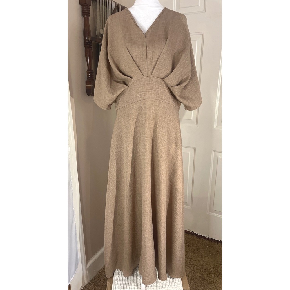 Maxi Dress Women's L Taupe V-Neck Dolman Sleeve Pleated Waist Formal Boho
